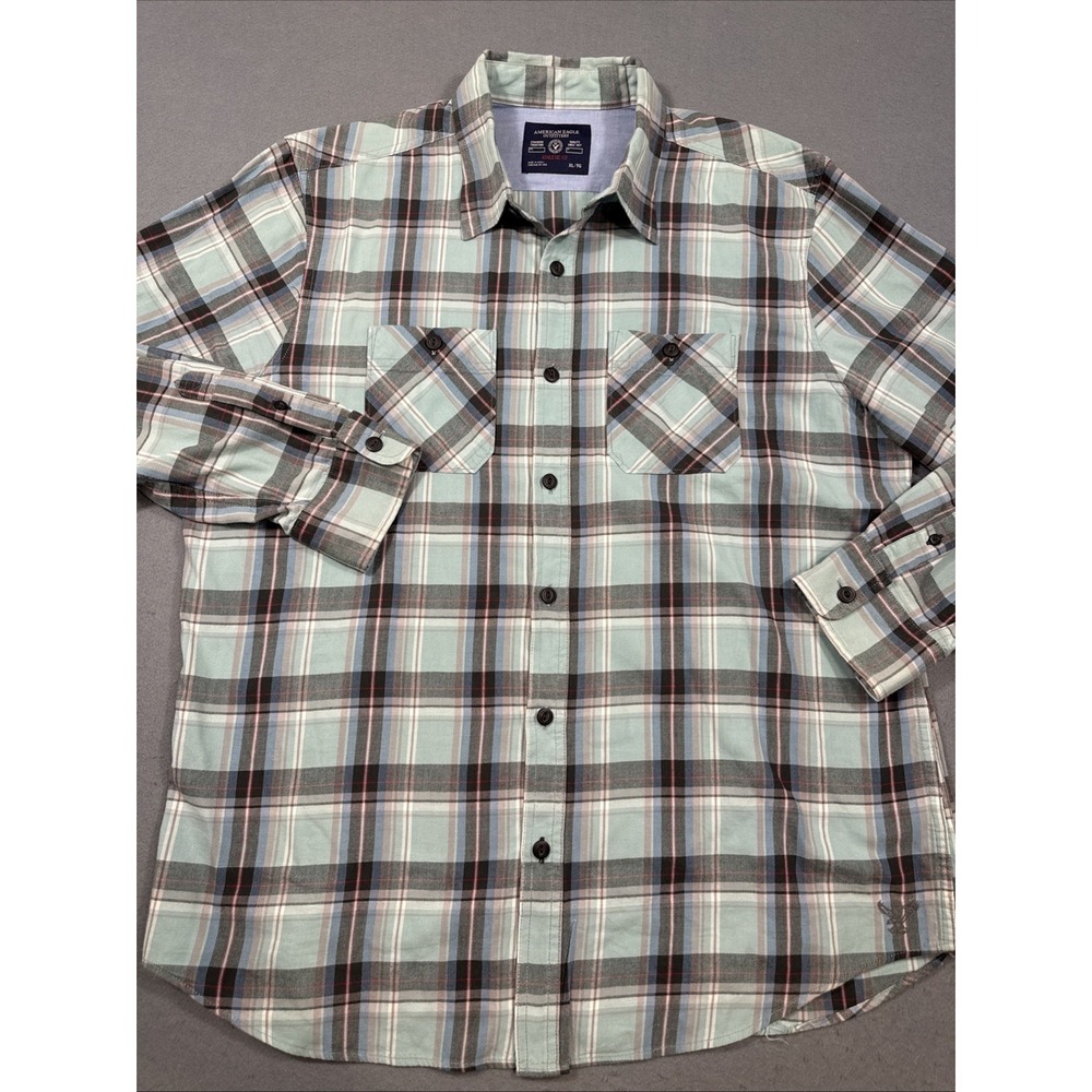 American Eagle X-Large Mens Flannel Shirt Athletic Fit Green Gray Plaid